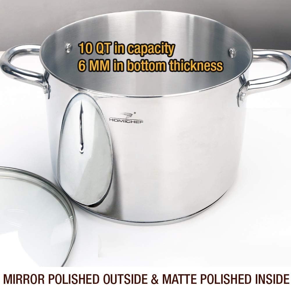 HOMICHEF 10 Quart Stock Pot With Glass Lid - Nickel Free Stainless Steel 10 Qt Pots With Handle - Mirror Polished StockPot 10 Quart - Induction Cooking Pots With Lid - Healthy Soup Pot