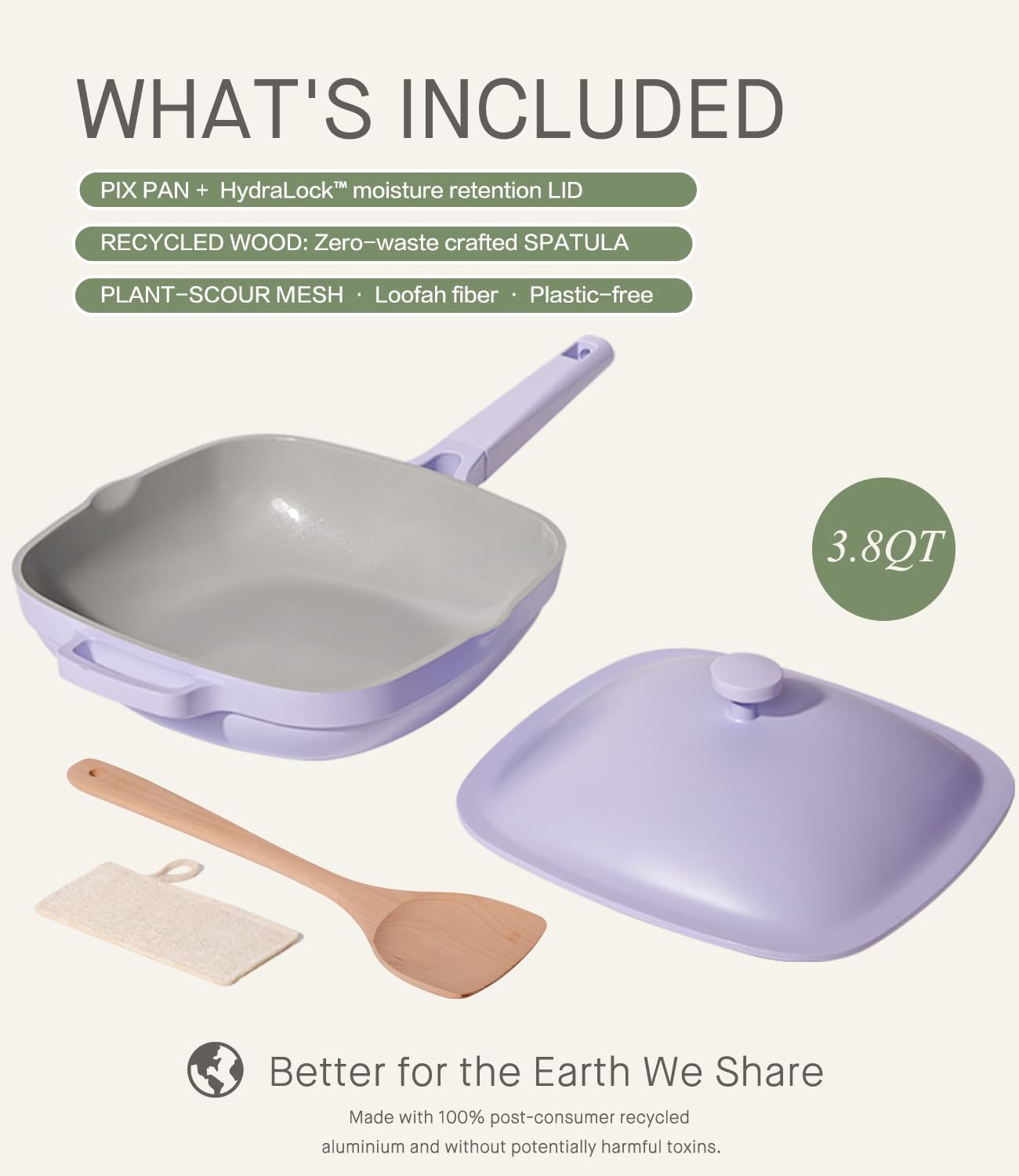 10.5 Inch(3.8QT) Deep Frying Pan,Non Stick Frying Pans Cast Aluminum,Ti-Ceramic Non Toxic Pix Pan with Lid,Natural Wooden Spatula and Loofah Scrubber-Dusk Petal