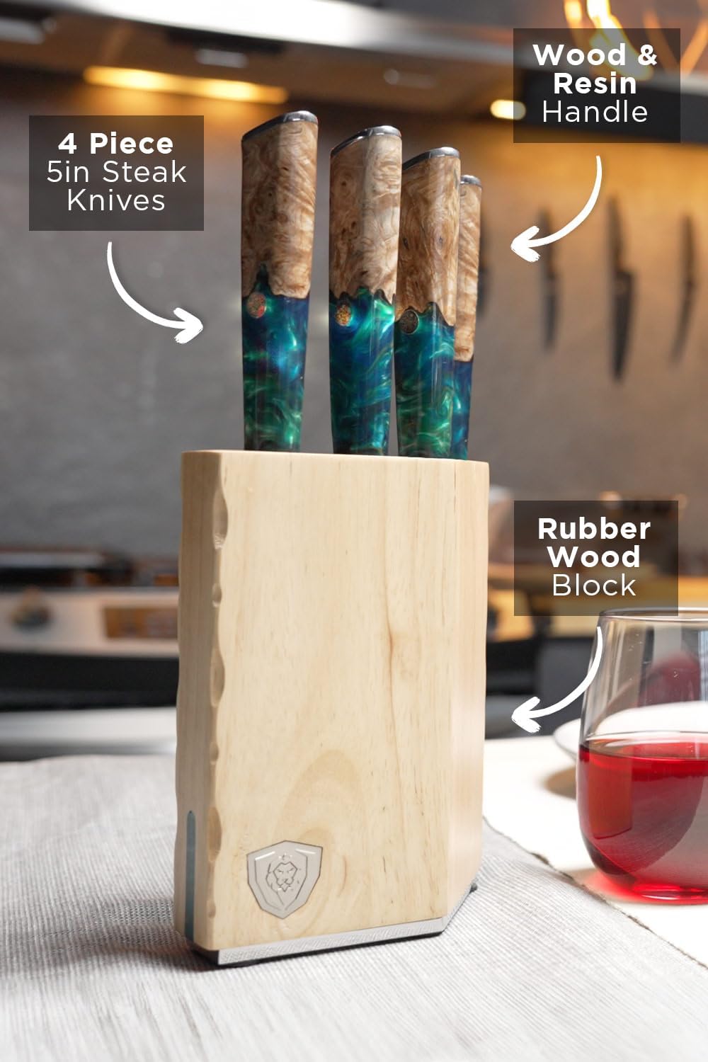 Dalstrong Steak Knives Block Set - 5 inch 4 Piece Set - Valhalla Series - Premium 9CR18MOV HC Steel - Celestial Resin & Wood Handle - Razor Sharp - Kitchen Cooking Chef's Knife - Leather Sheath