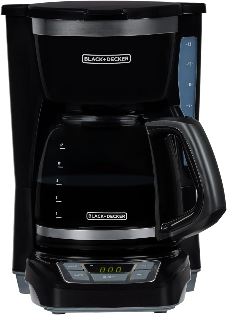 BLACK+DECKER 12-Cup Digital Coffee Maker, Programmable, Washable Basket Filter, Sneak-A-Cup, Auto Brew, Water Window, Keep Hot Plate, Black