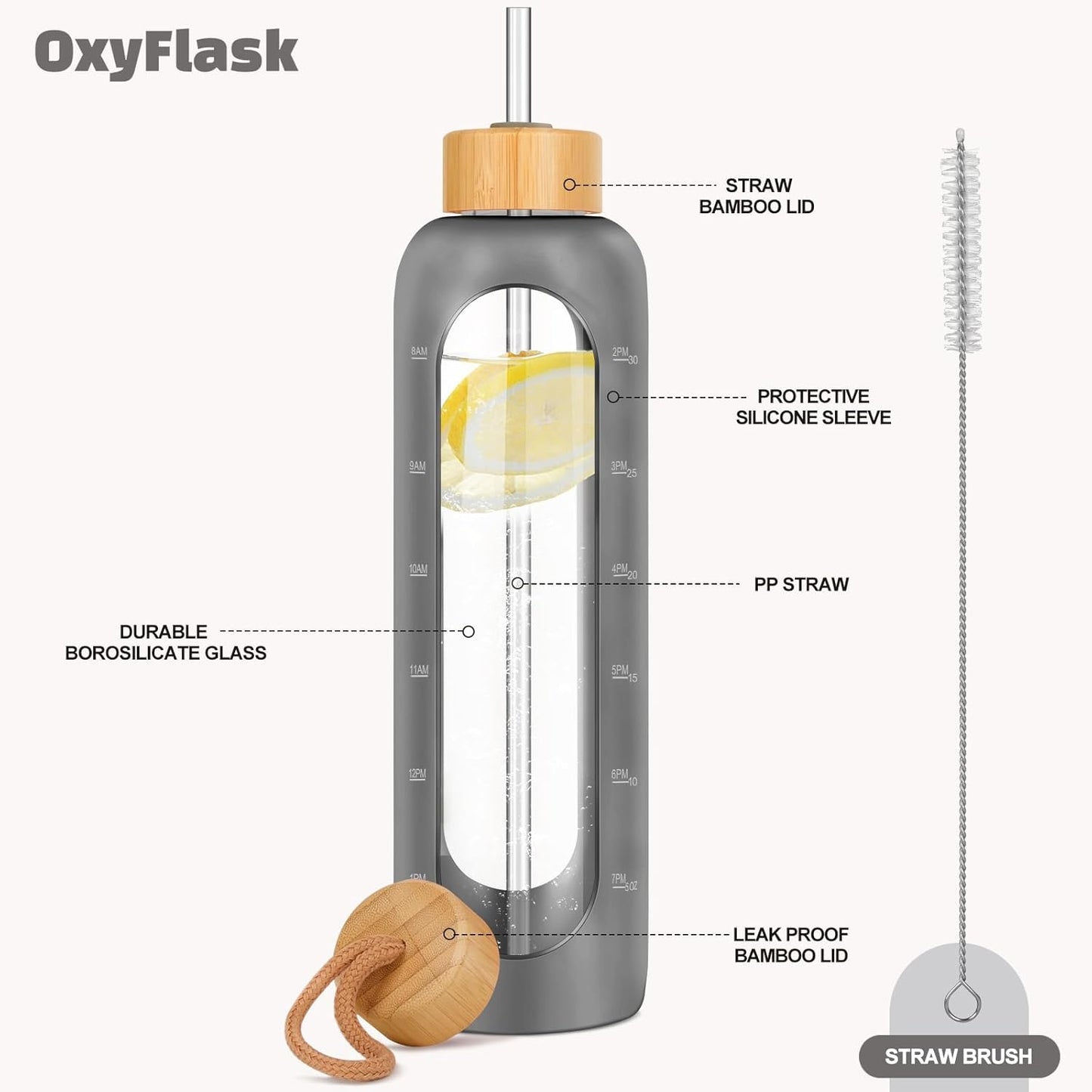 Glass Water Bottles 32 oz - Motivational Drinking Glass Water Bottle with Silicone Sleeve, Straw & 2 Bamboo Lids - 1 Liter Clear Borosilicate Daily Intake Tumbler with Time Marker - Grey