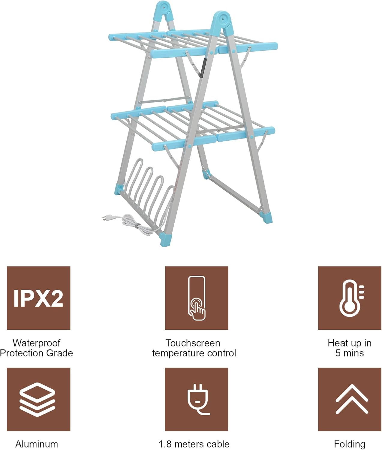 Electric Heated Clothes Drying Rack,Foldable Heated Garment Dryer with Timer Shut-Off Laundry Rack for Clothes Shoes Socks,Aluminum Alloy,Blue,Plug & Play,(39.37x25.98x23.82in)