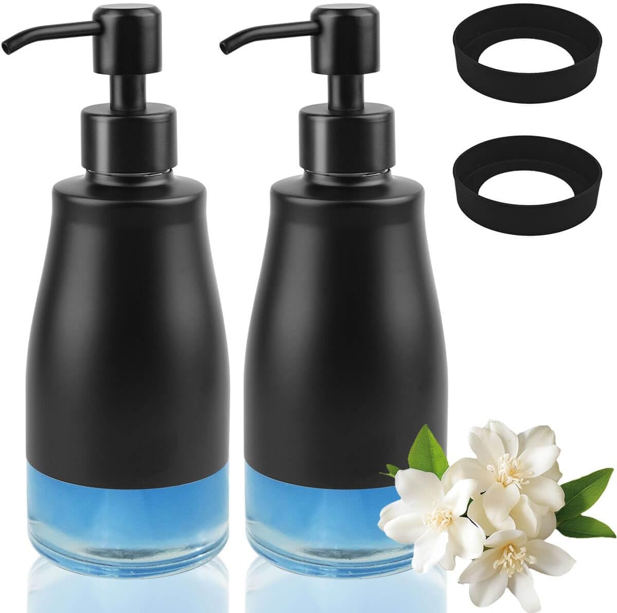 Soap Dispenser with Non-Slip Silicone Pad, 2 Pack Kitchen Dish Refillable Liquid Dispensers, Matte Black Hand Soap Dispenser for Bathroom, Stainless Steel Case Glass Liner Hand Pump Dispensers