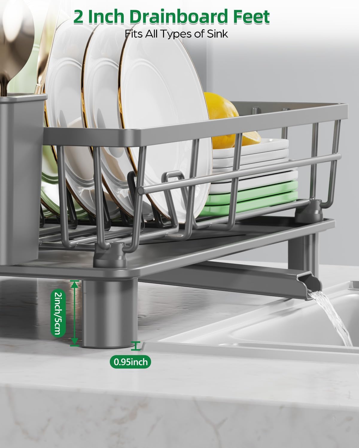 Dish Drying Rack, Stainless Steel Drainer Rack with Drainboard with Smart Drainage System, Space Saving Dish Strainer for Kitchen Counter with Cutlery Holder, Grey