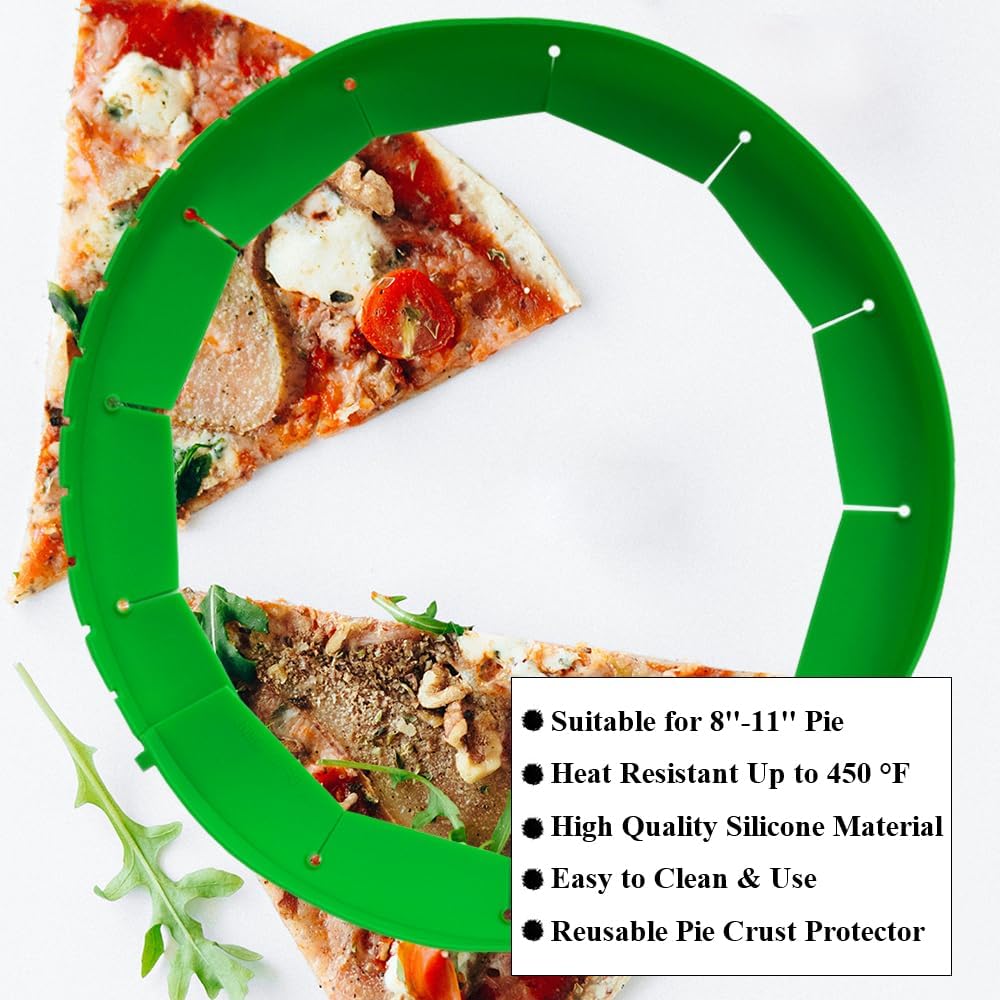 Adjustable Pie Crust Shields Baking Protectors, Silicone Cover Ring Fits 8-11.4 Inch Pies, Baking Pie Pizza Crust Shield Protector Cover for Edges (Green-1pcs)