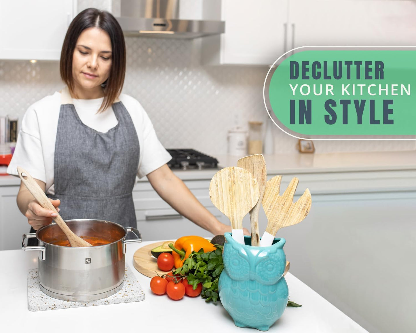 Comfify Owl Utensil Holder Decorative Ceramic Cookware Crock & Organizer, in Lovely Aqua Blue Color - Utensil Shaped Caddy and Perfect Kitchen Ceramic Decor Gift for Countertop - 5” x 7” x 4” Size