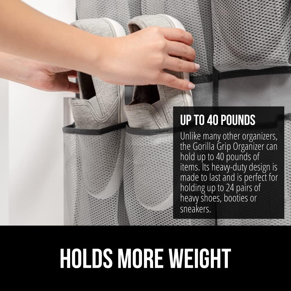 GORILLA GRIP Over the Door Shoe Organizer, 2 Pack, 24 Breathable Mesh Pockets, Space Saving Hanging Storage Holder, Closet Rack Hanger Holds Up to 40 lbs, Hangs on Closets, Shoes, Accessories, Gray
