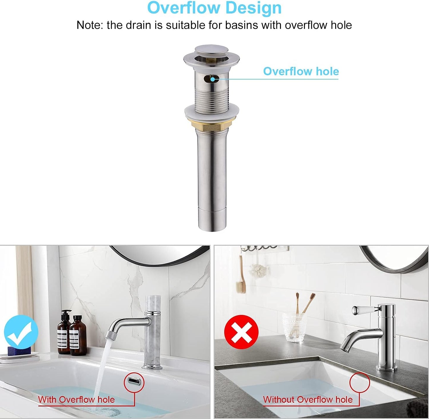 CREA Bathroom Sink Drain, Bathroom Sink Stopper with Drain Hair Catcher Pop Up Drain 1 1/2" for Bathroom Vanity Kitchen Sink with Overflow, Brushed Nickel