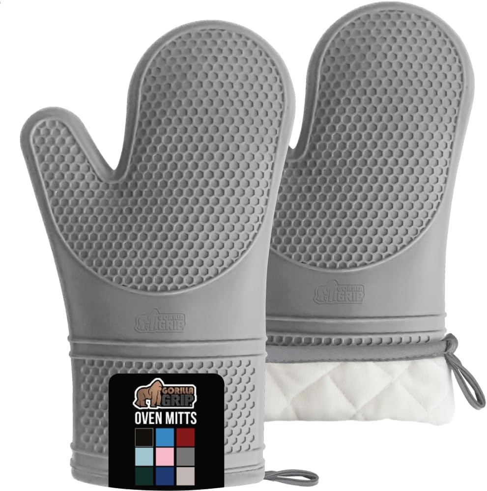 GORILLA GRIP BPA-Free Soft Silicone Oven Mitts, Heat Resistant and Waterproof Cooking Gloves, Thick Cotton Lining, Flexible Gripping for Baking Grilling, Kitchen Potholders Set of 2, 12.5x8.3, Gray