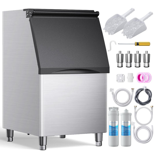 Coolake 360 lb. Commercial Ice Machine Storage Bin, 26" Stainless Steel Space Saving Footprint Ice Bin with Convenient Lift-up Door, Filter, Scoop, Adjustable Feet, for Bar Restaurant Shop