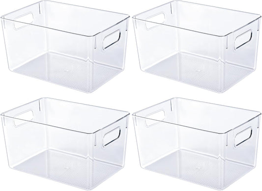 JollyPack 4 Pack Clear Plastic Storage Bins, Pantry Organizers and Storage with Handles, Clear Storage Containers for Fridge, Kitchen, Cabinet, Bathroom and Office