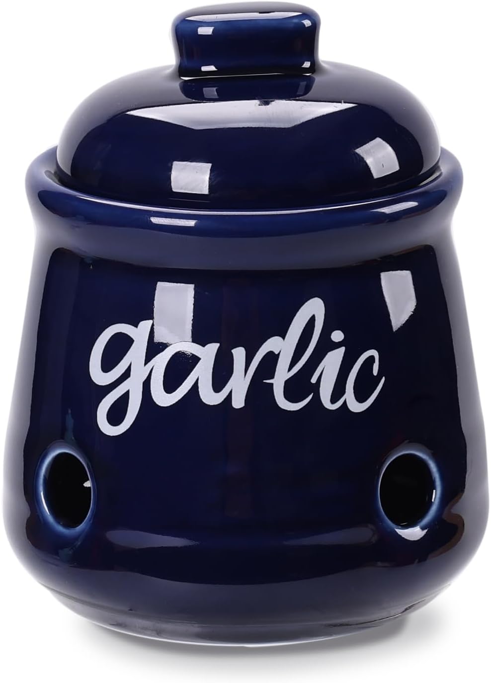 HAOTOP Garlic Keeper with Lid, Ceramic Mini Garlic Saver Container for Countertop, Farmhouse Kitchen Decor (Navy)