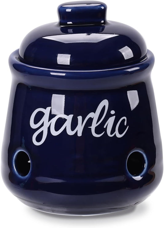 HAOTOP Garlic Keeper with Lid, Ceramic Mini Garlic Saver Container for Countertop, Farmhouse Kitchen Decor (Navy)