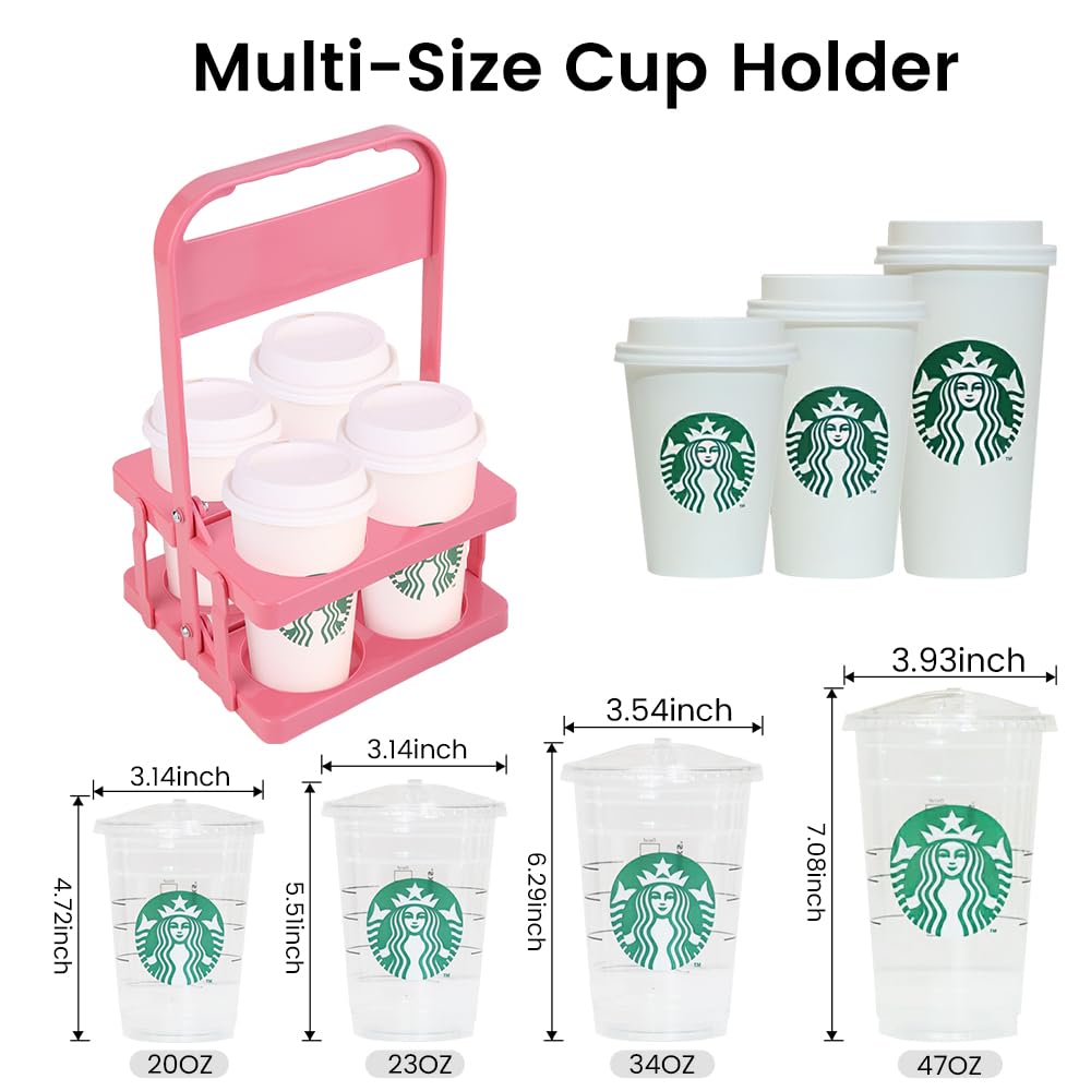 Bodaon 4 Cup Drink Carrier with Handle, Plastic Cup Carriers for Drinks, Drink Holder for Car, GrubHub/Eats Doordash Accessories, Portable Foldable Reusable Mobile, Use for Food Delivery Bag, Pink