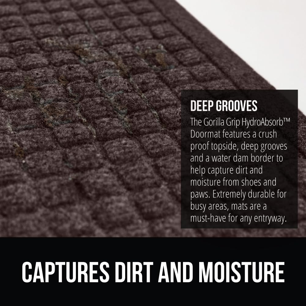 GORILLA GRIP Front Door Mat, 35x23, Indoor Outdoor Ultra Absorbent HydroAbsorb Doormat, Absorbs Up to 5.7 Cups of Water, Stain and Fade Resistant, Rubber Backing Doormats, Captures Dirt, Coffee