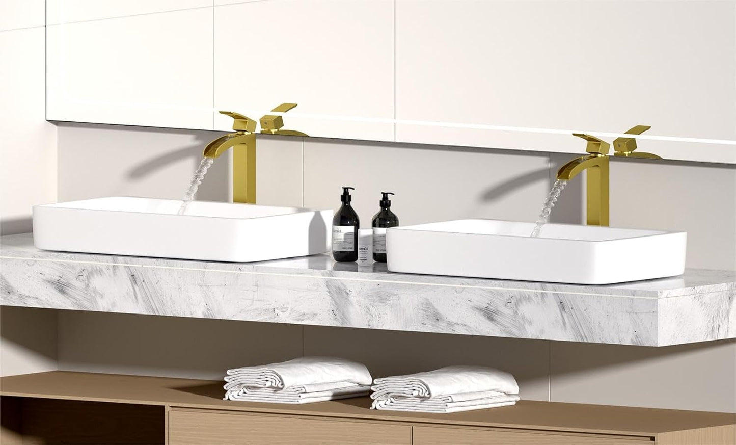 Bathroom Faucet Tall Vessel Waterfall Faucet Deck Mount Single Handle Lavatory with Water Supply Line and with Pop Up Drain （Brushed Gold ）