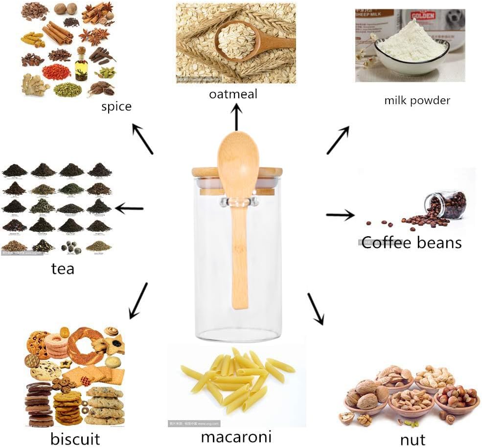 Glass Jar with Bamboo Lid and Spoon, 8Pack 10 OZ Tea Containers for Loose Leaf Tea, Salt and Sugar Containers for Countertop, Yogurt Jars for Overnight Oatmeal