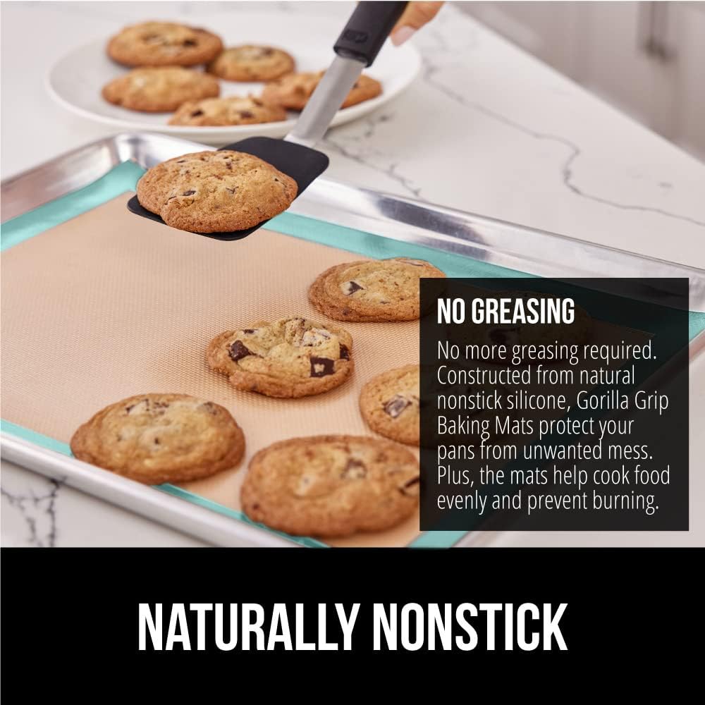 GORILLA GRIP Reusable Nonstick Silicone Baking Mat, 2 Pack, 16.5x11.87, BPA-Free Oven Safe Food Liner, For Cookie Sheets, No Mess Easy Clean Pastry Mats, Kitchen Essential, Half Sheet Size, Mint