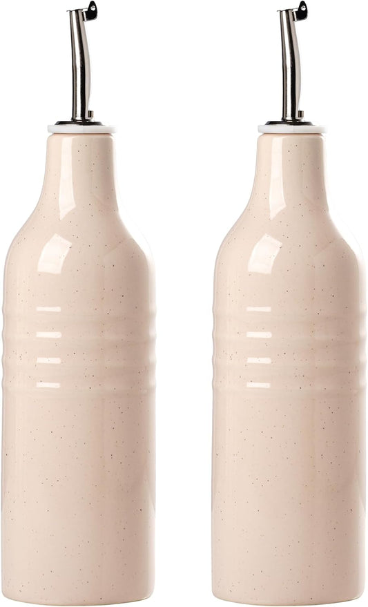 famiware Jupiter 16oz Ceramic Olive Oil Dispenser Bottle, Olive Oil and Vinegar Dispenser Bottle Set of 2 with Stainless Steel Pourers, Suitable for Storage Vinegar, Liquids, Light Pink