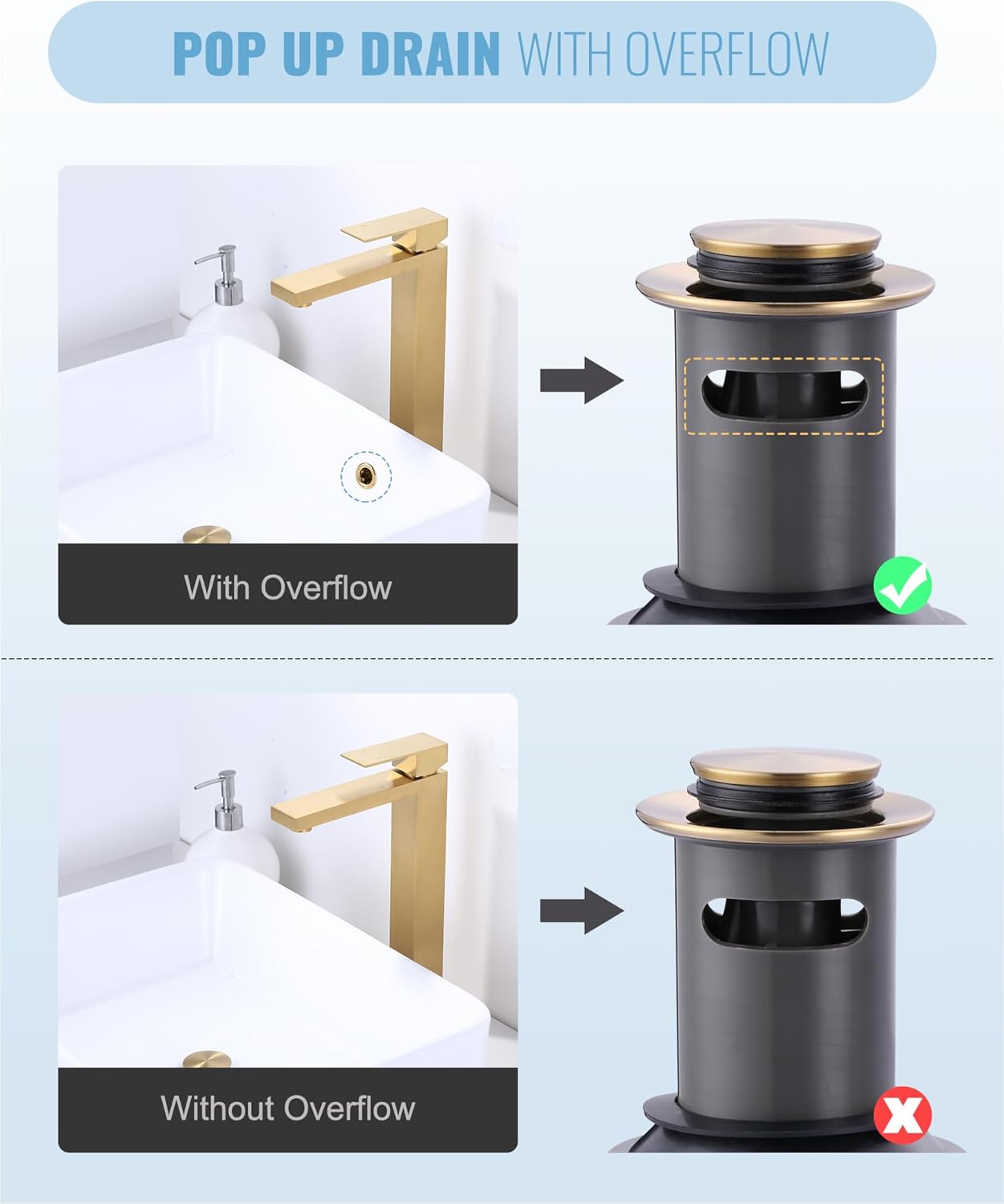 ALEASHA Bathroom Sink Drain with Overflow Vessel Sink Stopper, Pop Up Drain for Bathroom Sink Pop Up Drain Stopper for Hair Catcher, Brushed Gold