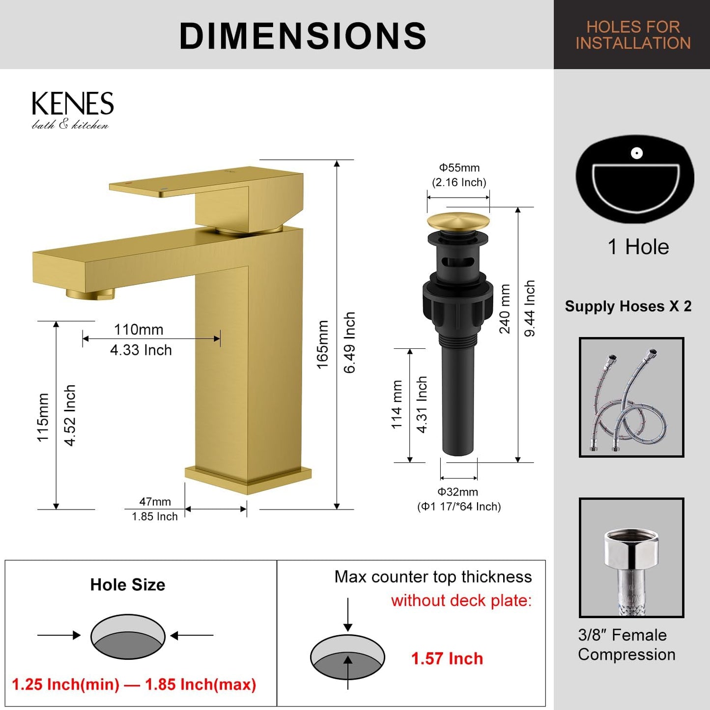 KENES Brushed Gold Bathroom Faucets, Modern Single Hole Lavatory Vanity Faucet, Single Handle Bathroom Sink Faucet Gold, with Pop Up Drain & Water Supply Hoses LJ-9031-4