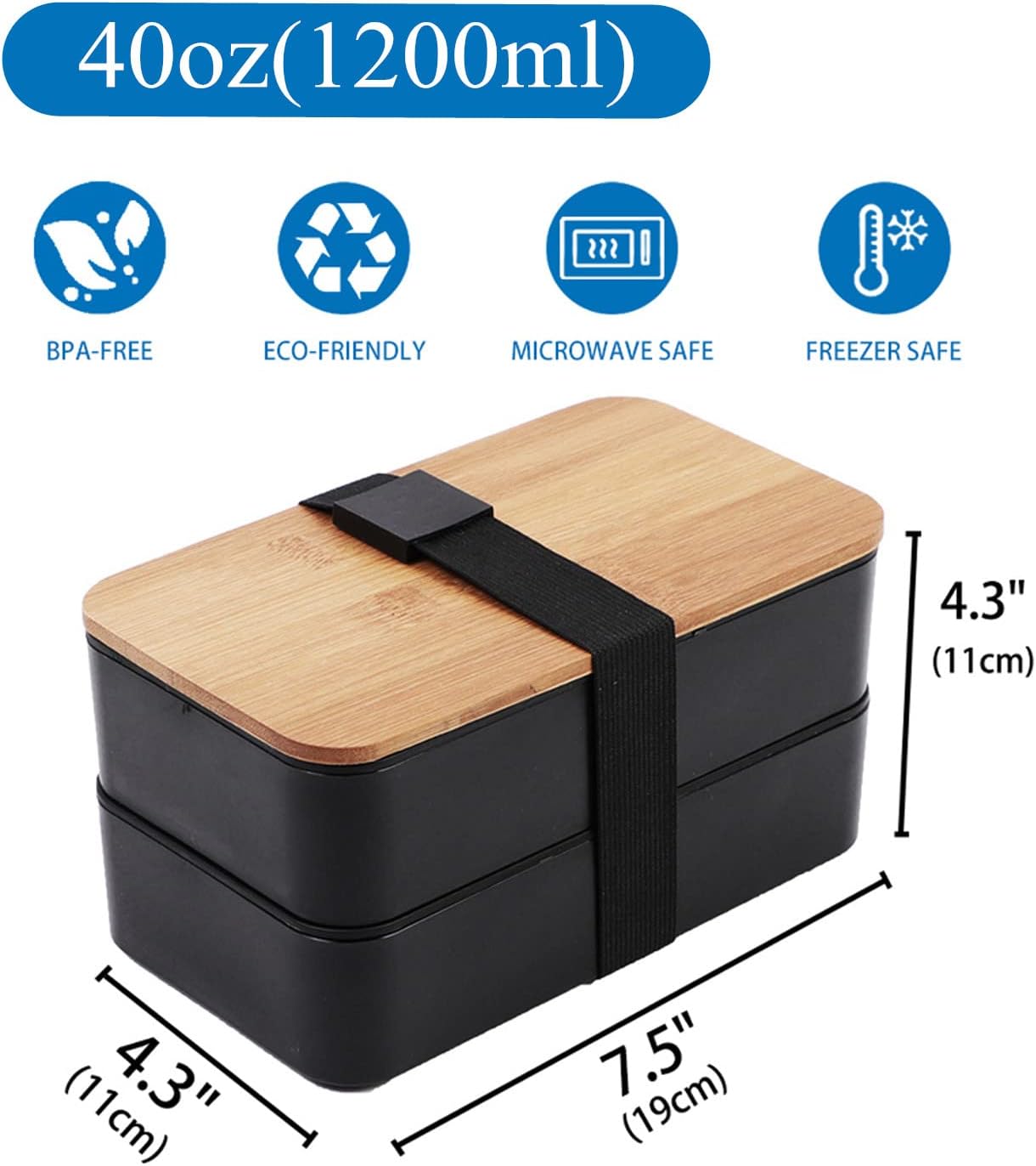 Japanese Bamboo Bento Box with Compartments and Utensils Stackable Lunch Box Includes Lunch Bag for Meal Prep Black