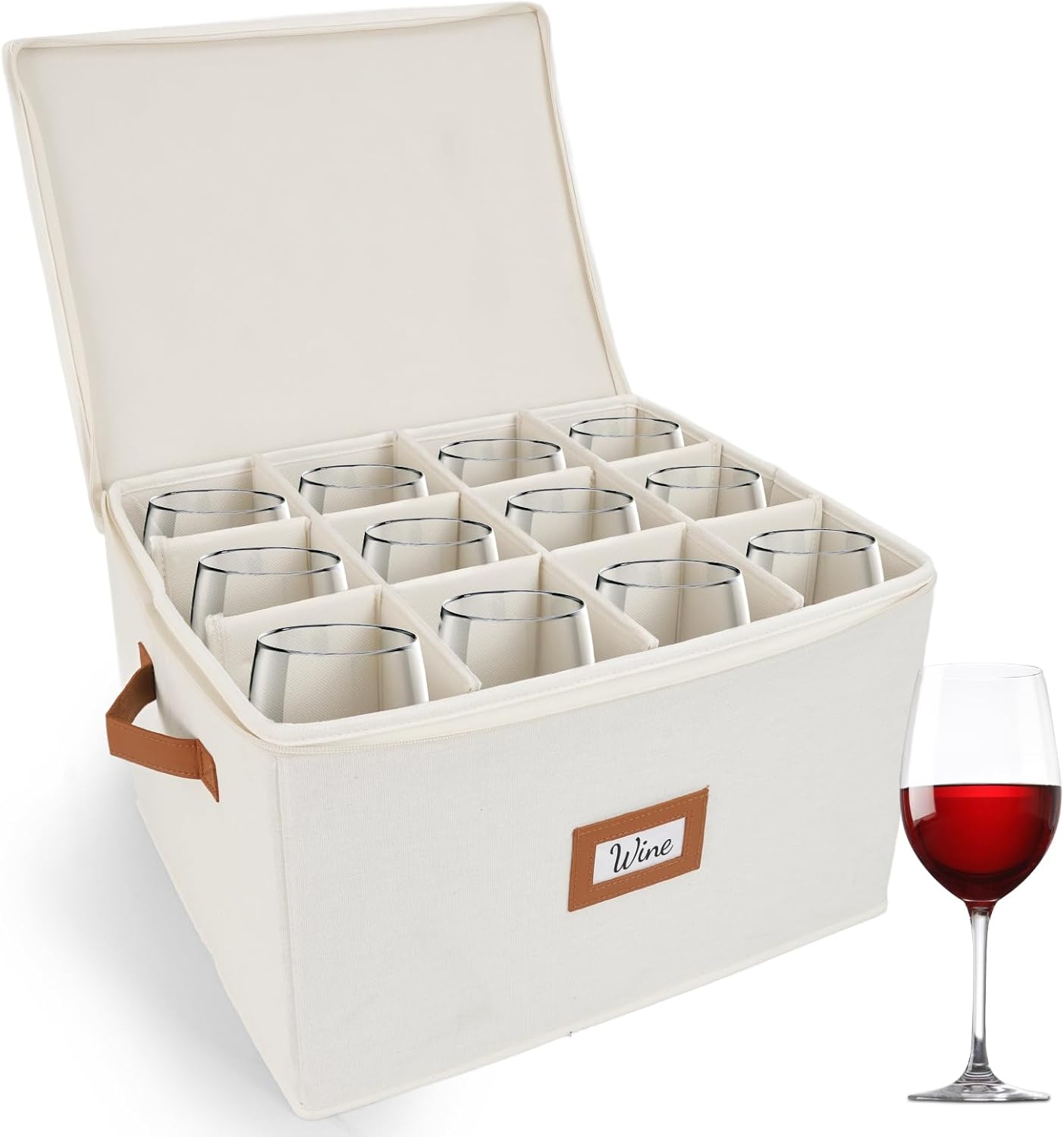 HOMELUX THEORY Wine Glass Storage Box with Dividers, Ivory Hard Shell China Storage Containers, Kitchen Storage Bins With Lids, Heavy Duty Moving Box for Packing Glasses, Stemware & Glassware