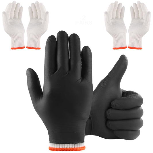 BBQ Gloves for Cooking Baking Grilling, 100 Count Disposable Nitrile Gloves and 4 Count Cotton Glove Liners Washable (6mil Nitrile, Large)