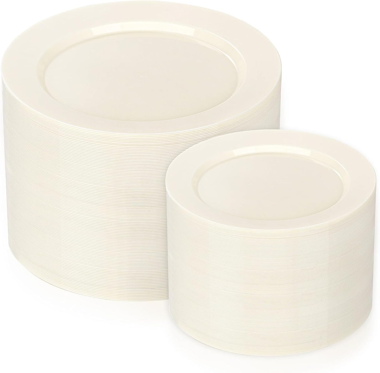 I00000 200 Pcs Ivory Plastic Plates, Disposable Party Plates Include 100 Ivory Dinner Plate 10’’ and 100 Plastic Dessert Plate 7’’ Perfect for Birthday, Party & Wedding