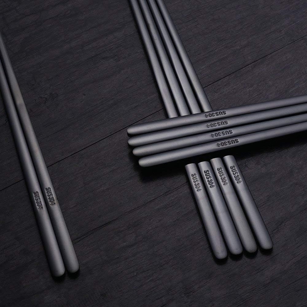 Buyer Star 5 Pairs Black Flat Reusable Metal Chopsticks - Stainless Steel Chinese Set With Case