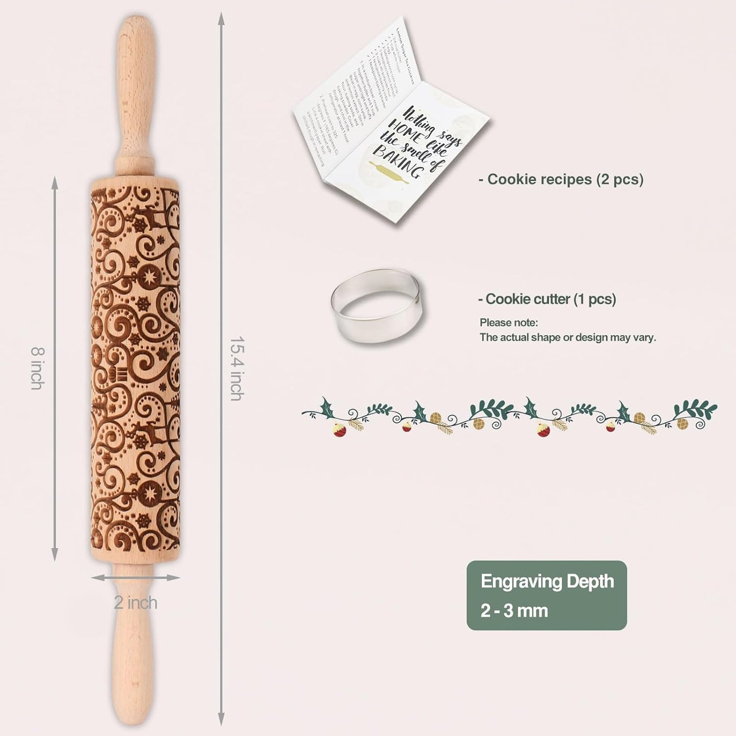Floral Reindeer Embossed Rolling Pins for Cookies, Wooden Engraved Rolling Pin for Baking, Embossing Rolling Pin with Design, Patterned Rolling Pin Decorative Springerle Mold Stamp Clay Pattern Roller