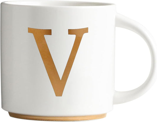 COLLECTIVE HOME - Monogram Ceramic Mugs, 15 oz Golden Initial Coffee Cups, Elegant Alphabet Tea Mugs, Elegant Personalized Mug with Gift Box, Unique Mug with Double Side Capital Letter (V)