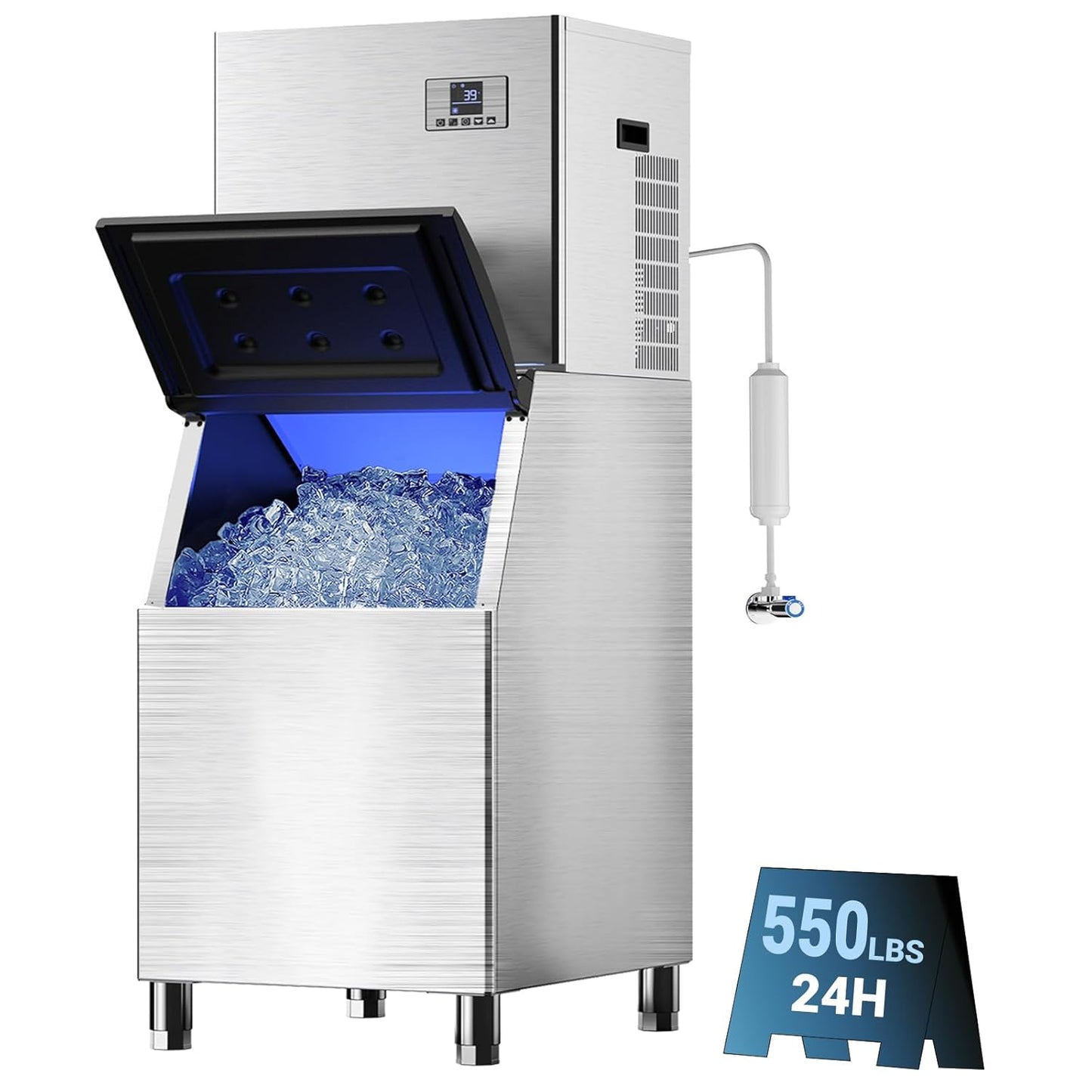 ETL 550LBS/24H Commercial Ice Machine Maker, 350LBS Capacity Large Industrial Ice Maker, Clear Ice Cubes Ready in 5-15min, Micron Water Purification Filter 99% impurities, for Cafe, Bar