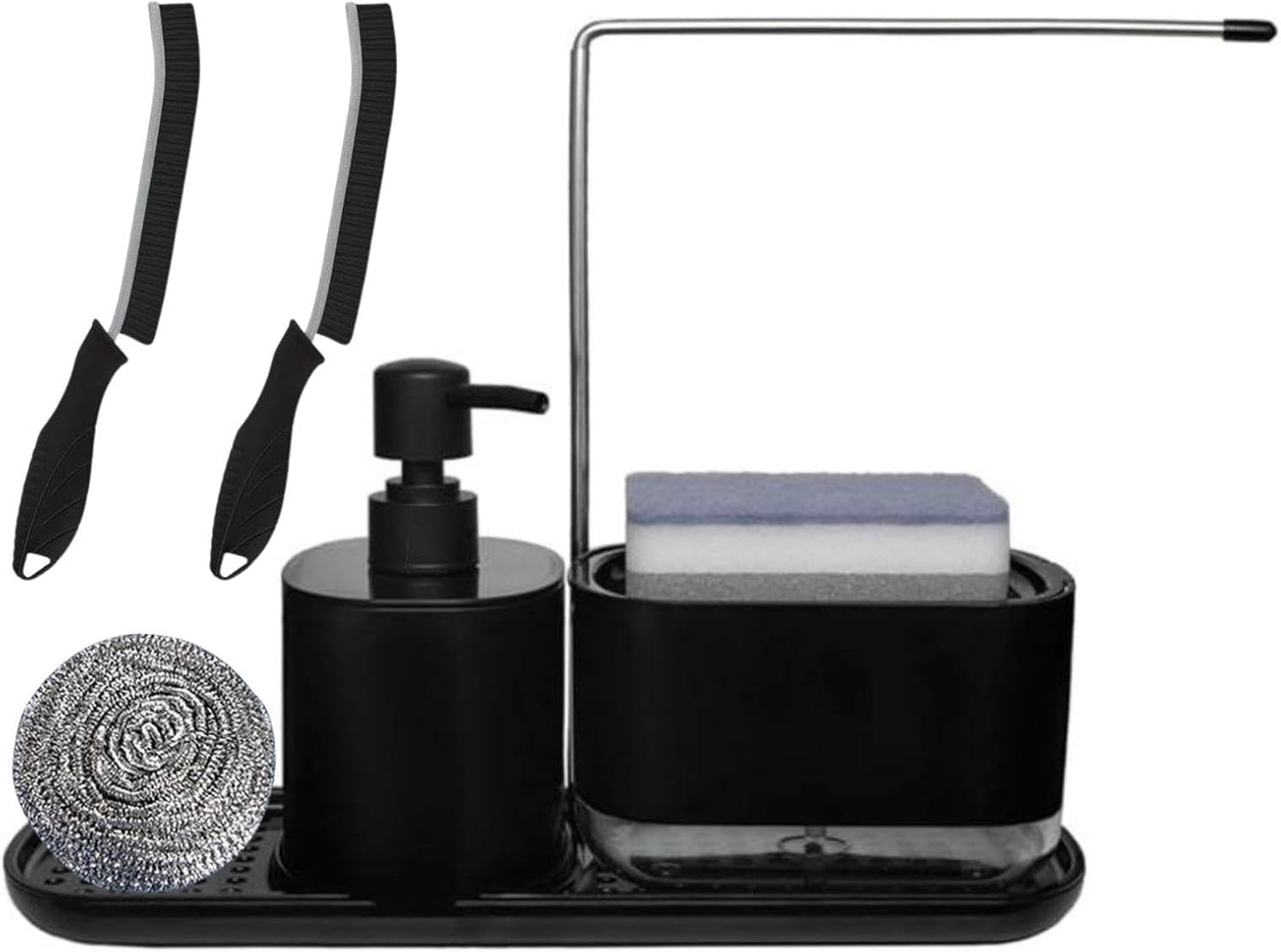 Kitchen Soap Dispenser Set with Sink Caddy-Hand and Dish Soap Dispenser with Sponge,Crevice Cleaning Brush,stailess Steel Scrubber, Sponge and discloth Holder 5-in-1 Organizer Set (Black)