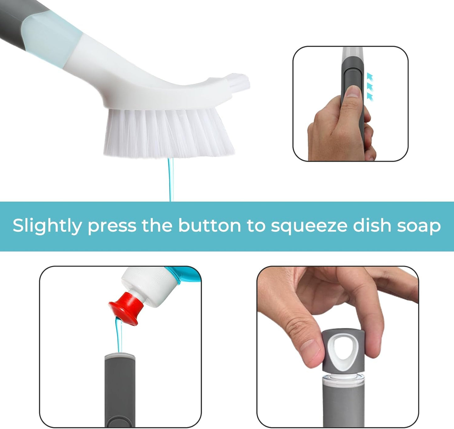 Dish Brush with soap Dispenser，4 PCS Replacement Brush Refills dishwashing Brush Set for Kitchen Utensils, Pans, Sinks, cookware