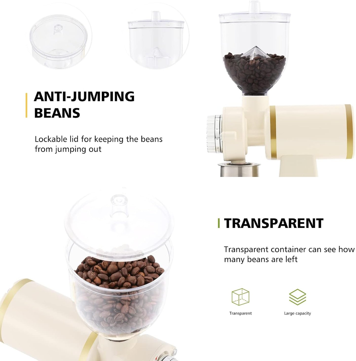 Electric Coffee Grinder Burr Espresso Coffee Bean Grinder Small Automatic Stainless Steel Coffee Mill With Brush, Creamy White