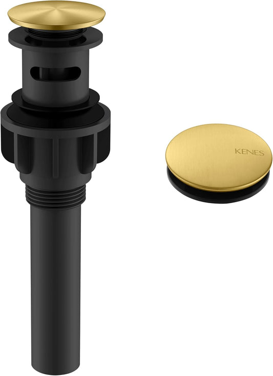 KENES Brushed Gold Pop Up Bathroom Sink Drain with Overflow, Bathroom Sink Drain Assembly with Strainer Pop Up Drain, Lavatory Bathroom Vanity Sink Pop Up Drain Stopper