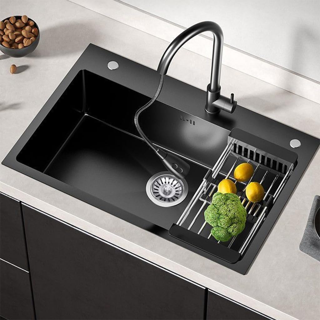 Black Drop in Kitchen Sink, Stainless Steel Single Bowl Sink with 3 Holes, Topmount Workstation Sink, Farmhouse Rectangle Basin with Multiple Accessories (26.8 * 17.7 * 7.9in)