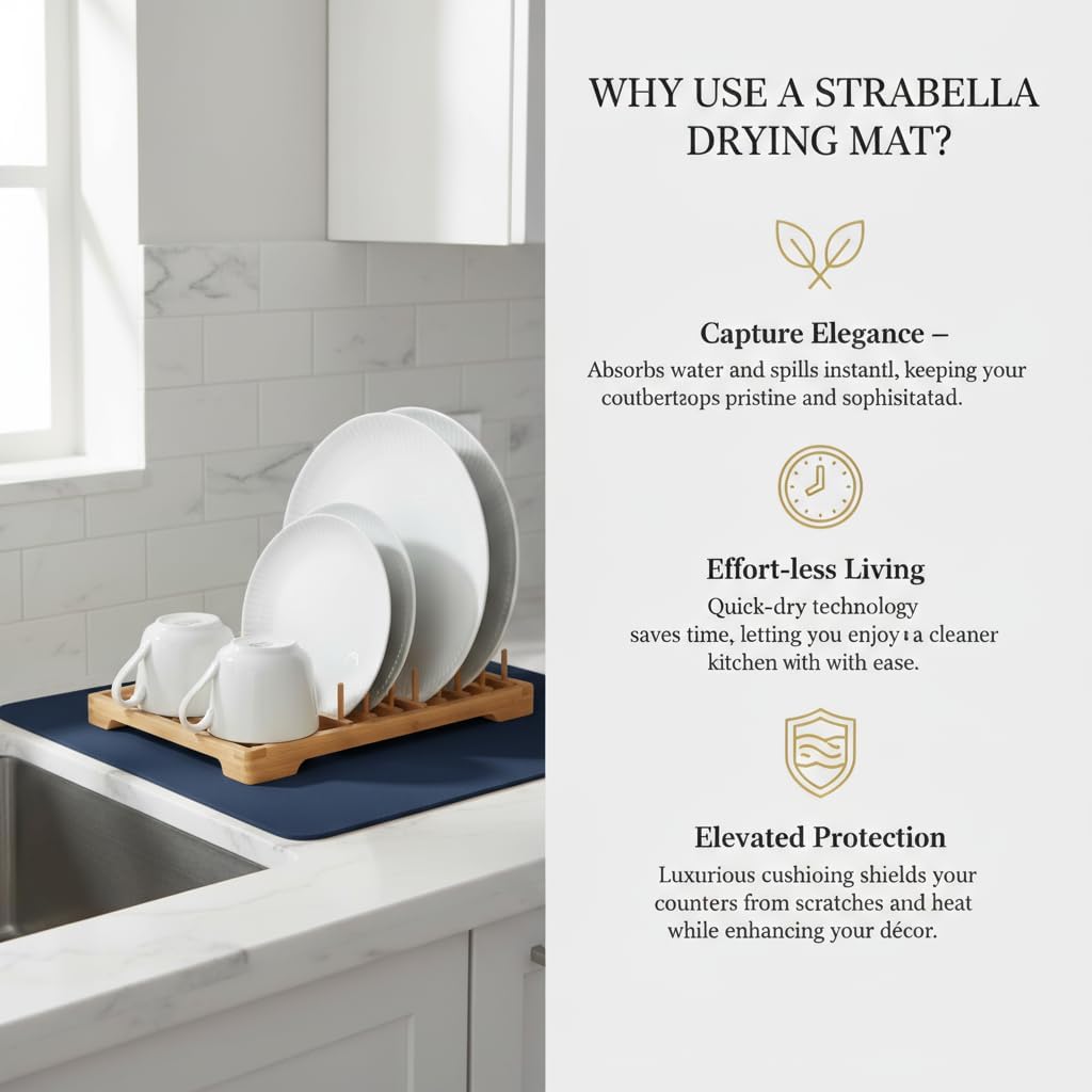 Dish Drying Mat Super Absorbent – 24" x 16" Coffee Mat for Countertops – Non-Slip Drying Mat for Kitchen Counter – Easy to Clean Water Absorbent Mat – Large Dish Drying Mats (Navy Blue)