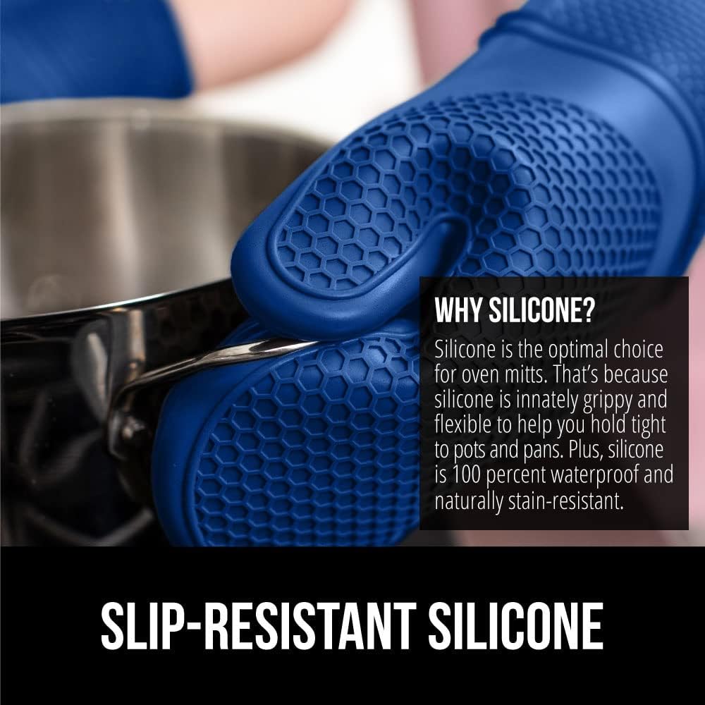 GORILLA GRIP BPA-Free Soft Silicone Oven Mitts, 14.5x8.3, Heat Resistant and Waterproof Cooking Gloves, Thick Cotton Lining, Flexible Gripping for Baking Grilling, Kitchen Potholders Set of 2, Blue