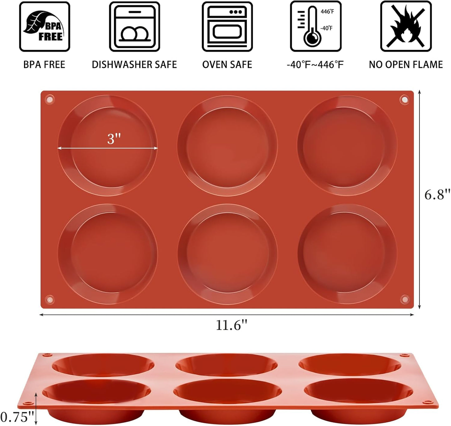 Silicone Muffin Top Pans, 3 Inches Non-Stick Egg Molds for Breakfast Sandwiches Round Molds for Baking Egg Bites, English Muffins, Tarts, Whoopie Pies, 2 Pack, 6 Cavity