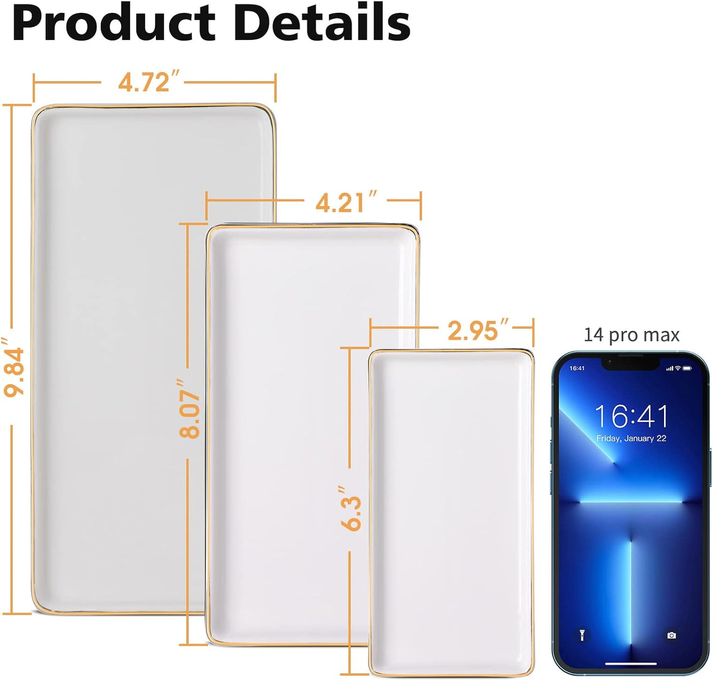 Gurygo 10" Bathroom Tray, Ceramic Vanity Trays for Bathroom, Small Ceramic Tray, Kitchen Soap Trays for Kitchen Counter (White with Gold-Edged, 10",Set/1)