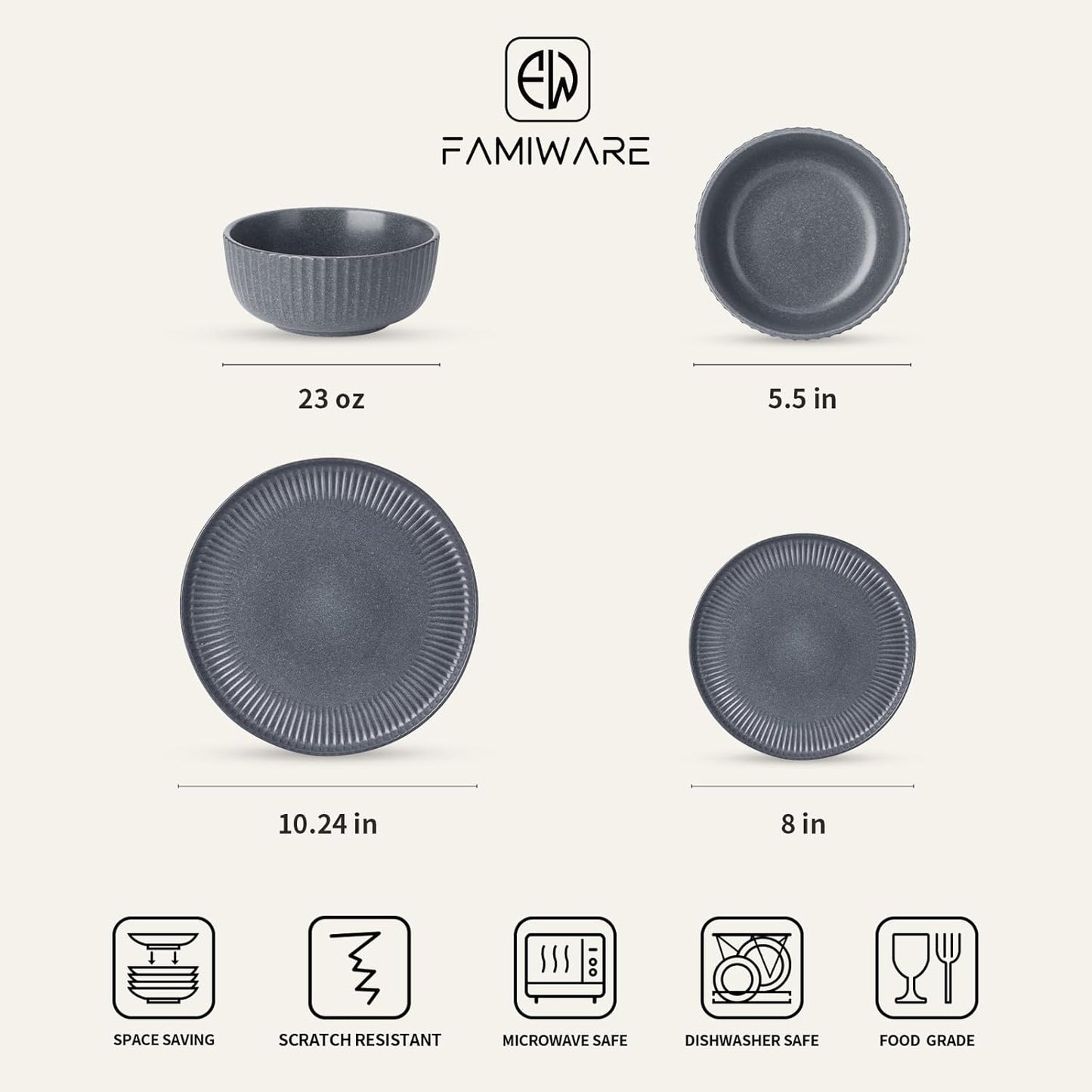 Famiware Starlight Dinnerware Sets, Plates and Bowls Dish Set of 8 (24 Pieces), Ribbed Textured Tableware - Dishwasher & Microwave Safe, Chip Resistant, Reactive Glaze, Matte Midnight Grey