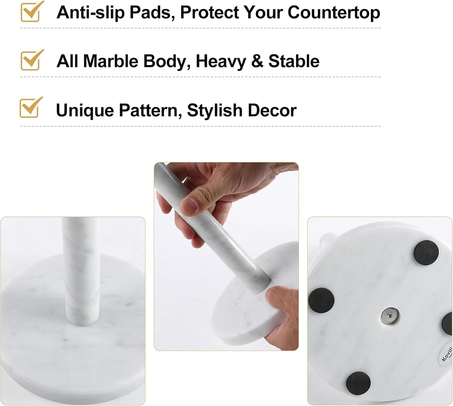 Koville Carrara Marble Paper Towel Holder Countertop, 6“ Genuine Stone Paper Towel Holder Stand for Kitchen Storage, for Standard or Jumbo-Sized Rolls