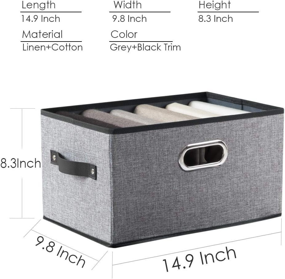 PRANDOM Large Collapsible Storage Baskets for Closet [5-pack] Decorative Fabric Storage Bins Cubes with Leather/Metal Handles for Shelves Bedroom Living Room Grey (14.9x9.8x8.3 Inch)