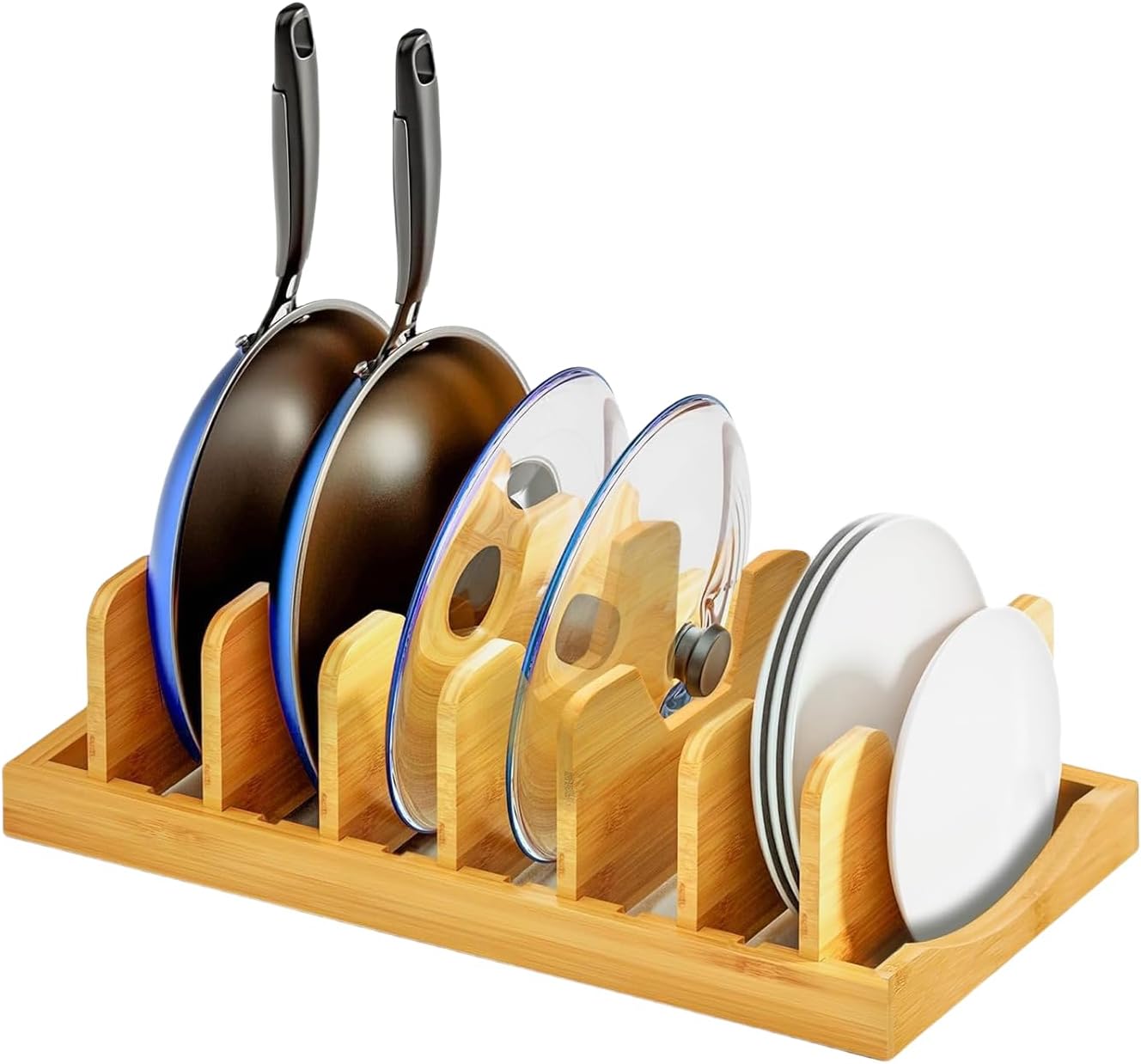 Bamboo Pot Lid Organizer for Cabinet & Kitchen Counter, Pan Lid Organizer Inside Cabinet, Pot Lid Holder, Sheet Pan Rack, Adjustable Pot Cover Holder Rack for Countertop, Under Cabinet