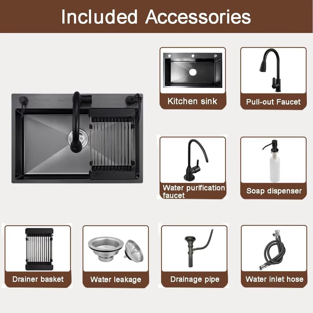 Black Drop in Kitchen Sink, Stainless Steel Single Bowl Sink with 3 Holes, Topmount Workstation Sink, Farmhouse Rectangle Basin with Multiple Accessories (31.5 * 17.7 * 7.9in)