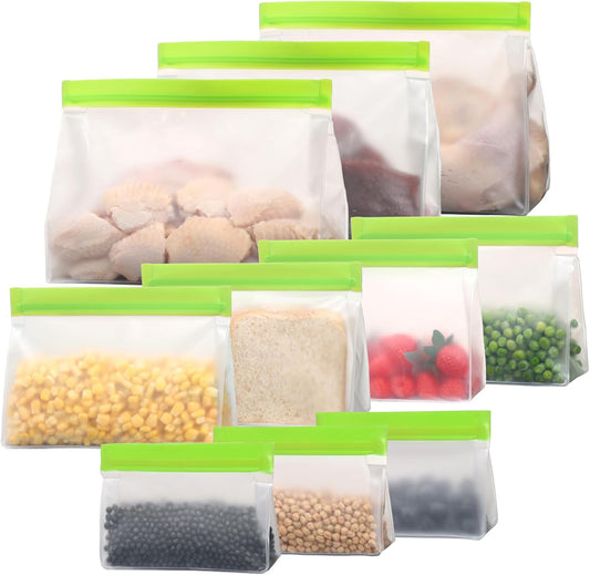 iSPECLE 10 Pack Freezer Bags - 3 Pack Gallon Bags 4 Pack Sandwich Bags 3 Pack Snack Bags BPA-Free Reusable Freezer Bags with Stand-Up Bottom and Label, Leakproof to Keep Frozen Food Fresh, Green