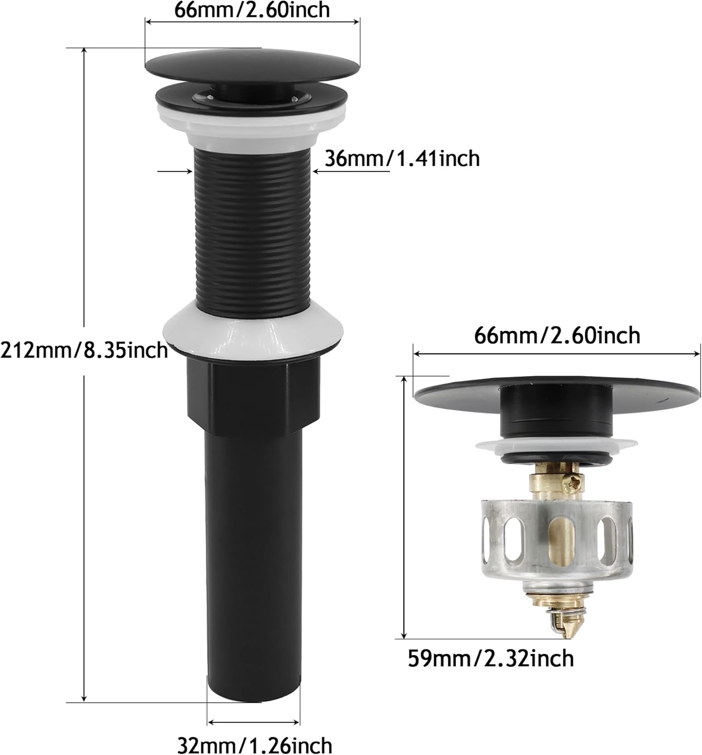 Bathroom Sink Drain,Drain Stopper Bathroom Sink Without Overflow,Pop Up Drain Assembly with Detachable Strainer Basket,Built-in Anti-Clogging, Stainless Steel Nut Mattle Black
