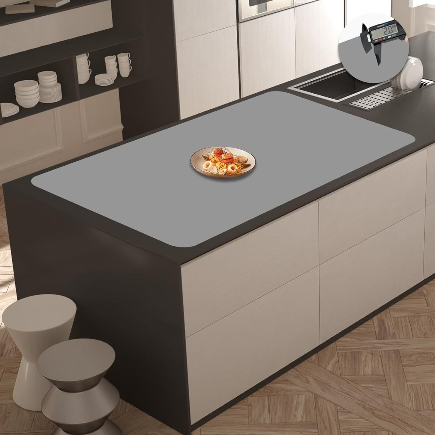 2MM Extra Thick Silicone Mats for Kitchen Counter, 35.4"x23.6" Kitchen Island Largest Heat-Resistant Baking Mat, Thicker Non-Slip Desk Protect Mat, Multipurpose Countertop Protector, Light Gray